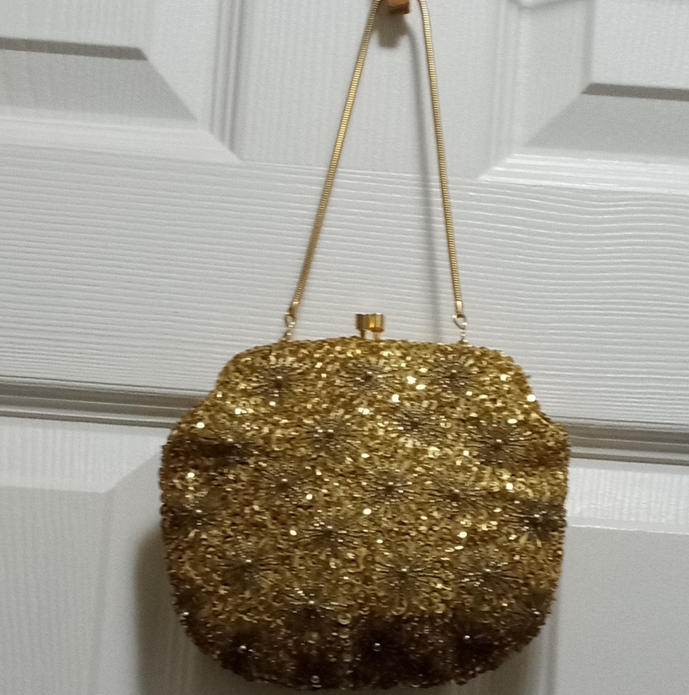 Genie Vintage Golden Sunbursts Swiss Dot Beaded Satin Beautiful Evening Bag